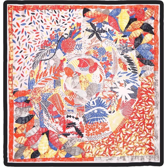 35 Inch Silk Head Scarf 2 Pcs Floral(navy/Red) - Picture 2 of 7